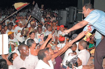 President Bharrat Jagdeo greets his supporters at Linden